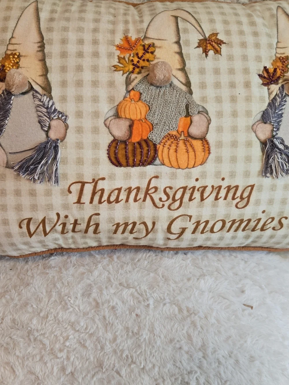 Thanksgiving With My Gnomies Decorative Pillow - Neutral & Orange